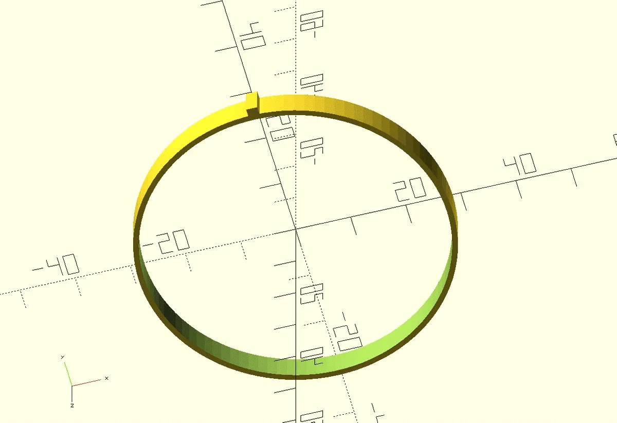 OpenSCAD-Render des Armaturrings: ein flacher Ring mit kleinem Vorsprung