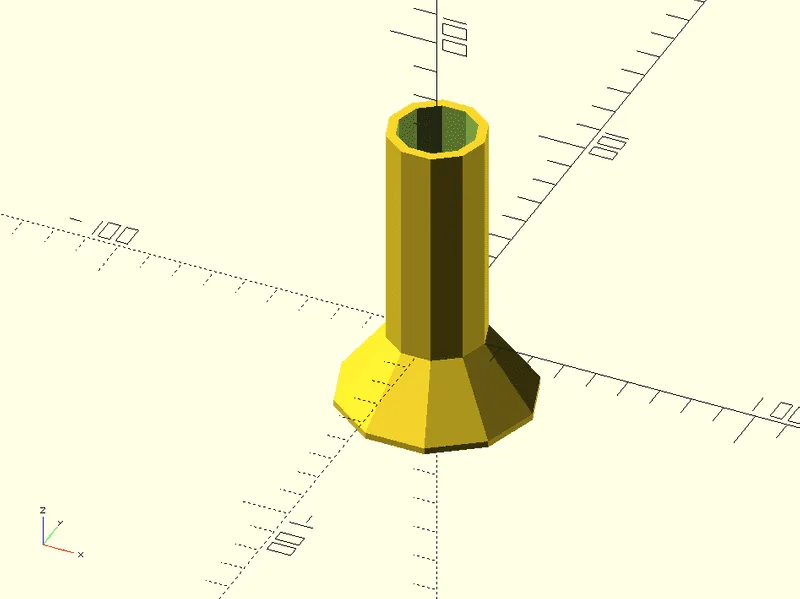 OpenSCAD-Render einer facettierten Vase mit breitem Fuß